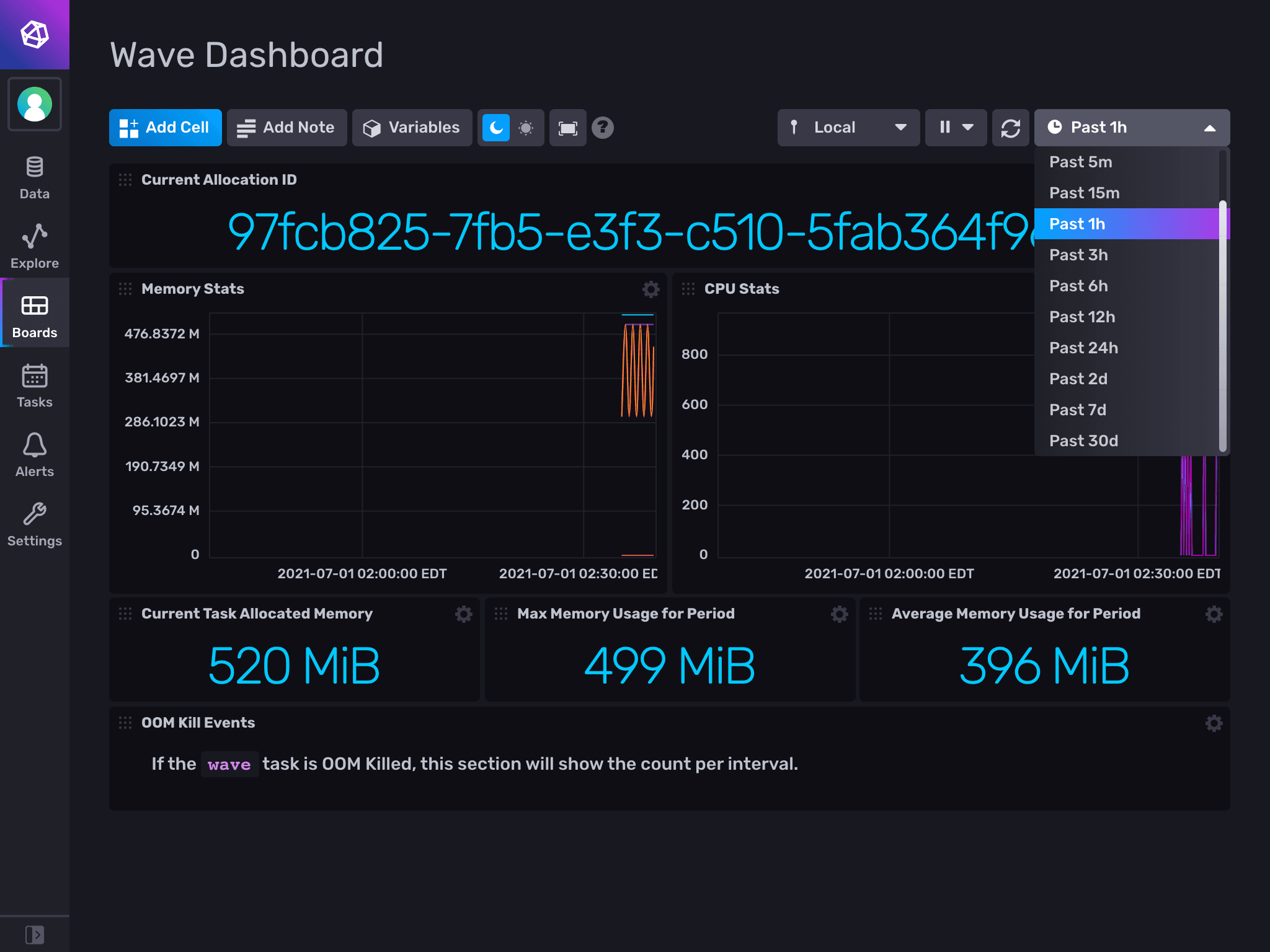 "Wave Dashboard" page with timeframe dropdown open