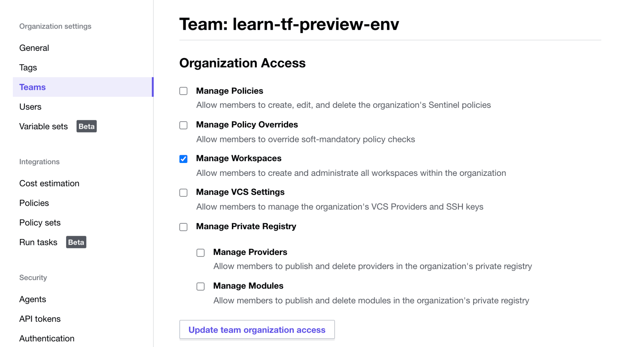 Grant team ability to manage workspaces