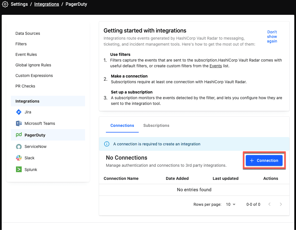 HCP Vault Radar portal to set up an integration highlighting the connection
button